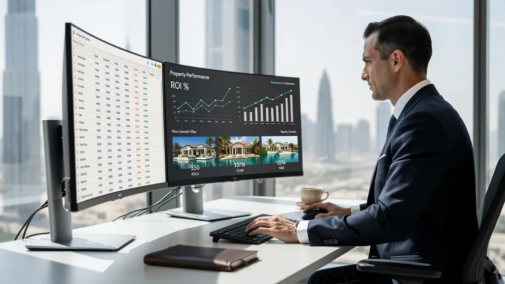 An analyst reviewing real estate investment data for Palm Jumeirah properties on a computer screen.