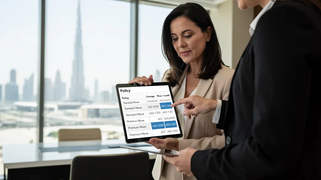 A person reviews a comparison of moving insurance options on a tablet.