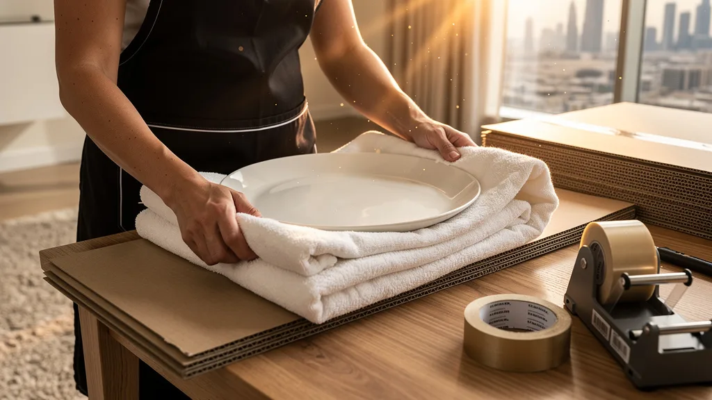 A person using a thick towel as a sustainable alternative to bubble wrap for packing a fragile platter.