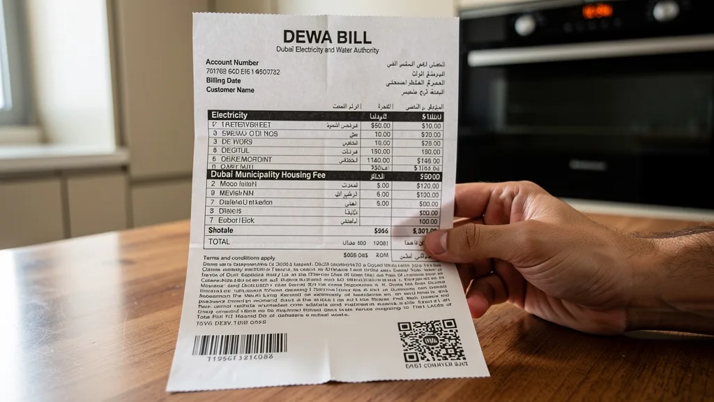 A close-up of a DEWA bill showing the Dubai Municipality housing fee line item.