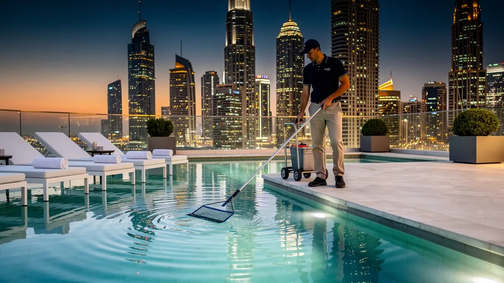 Rooftop infinity pool maintained by annual service charges in a Dubai luxury building.