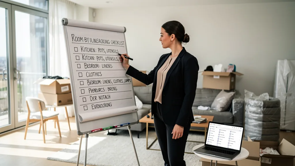 A person creating a room-by-room unpacking checklist on a whiteboard.