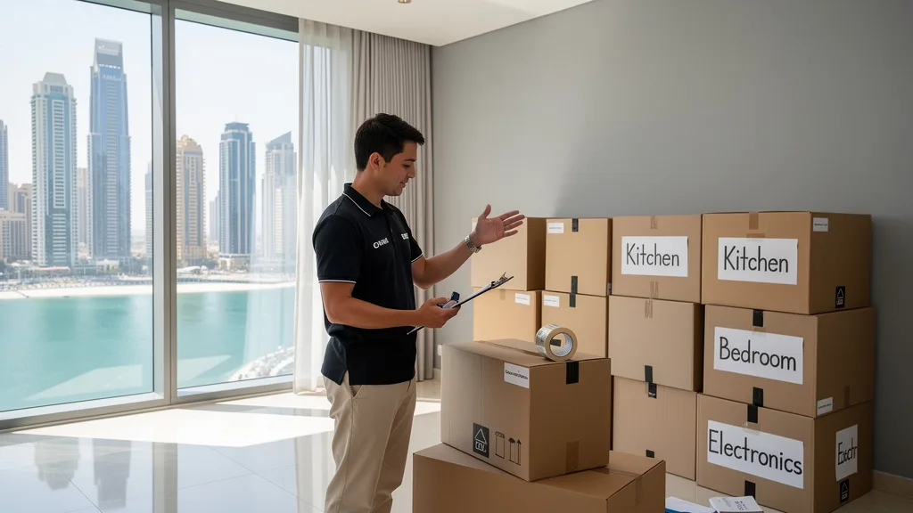 Organizing labeled moving boxes in a Dubai apartment with a city view.