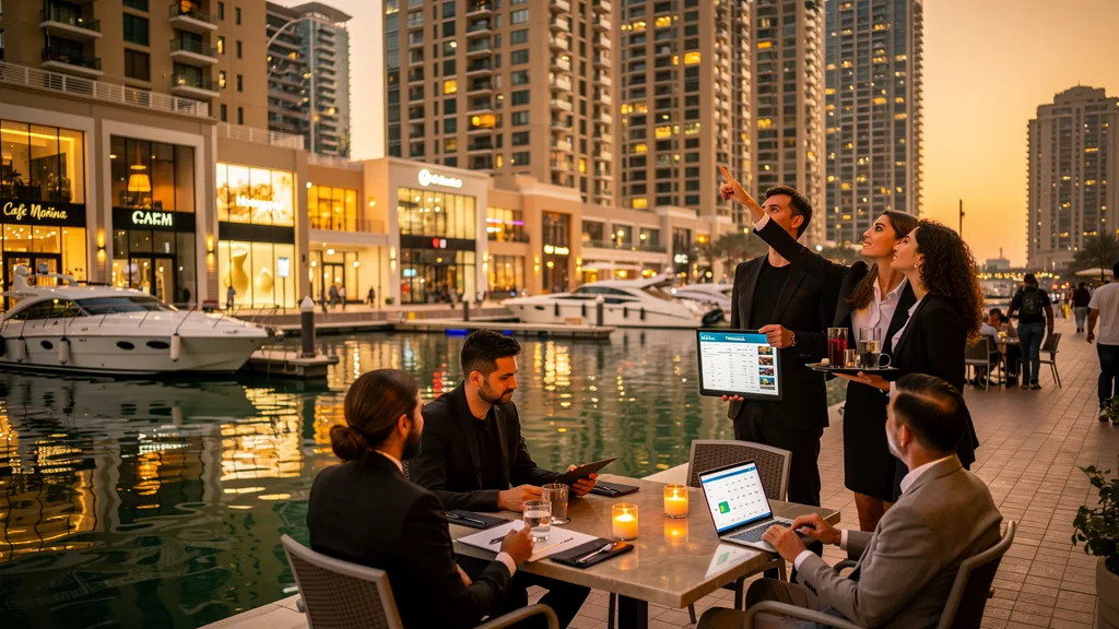 A lively Dubai Marina during the peak winter rental season with high demand for apartments.