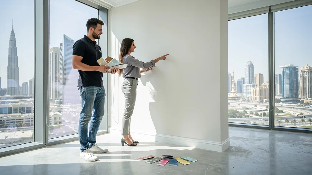 A happy couple chooses paint colors for their new unfurnished apartment in Dubai.