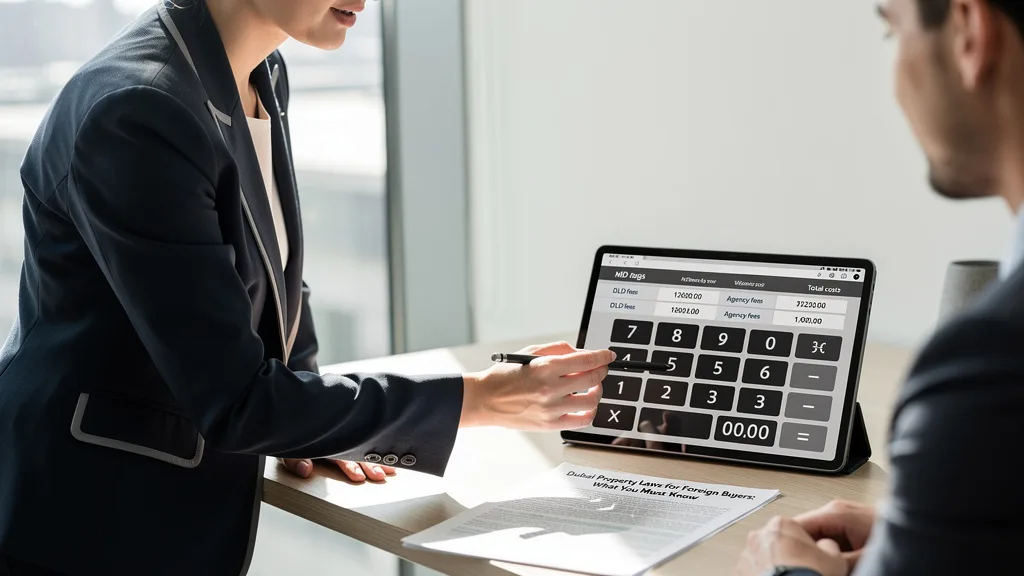 Calculating the associated costs and fees for buying a property in Dubai, including DLD and agency fees.