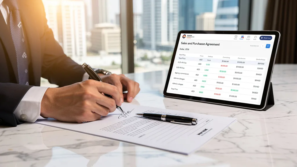 Signing official documents to cover upfront fees for a Dubai property purchase.