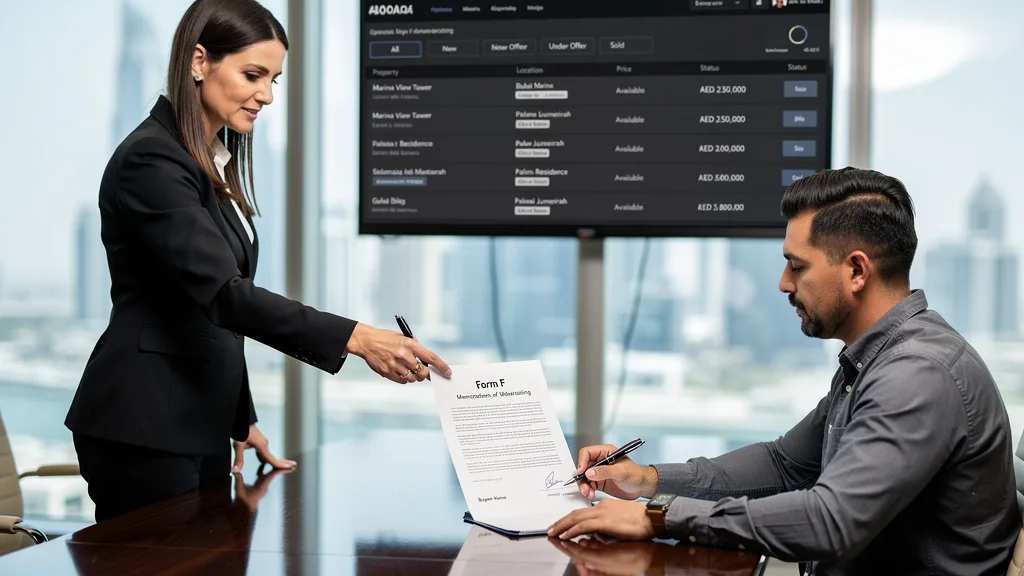 A buyer signing the official Form F Memorandum of Understanding to purchase a property in Dubai.