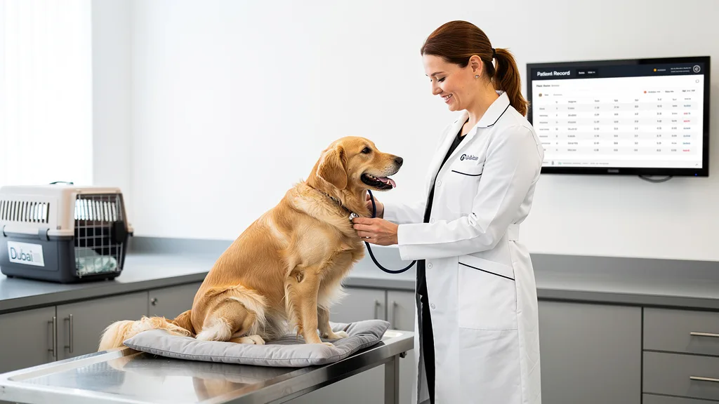 A veterinarian conducting a health check-up on a dog before its relocation to Dubai.