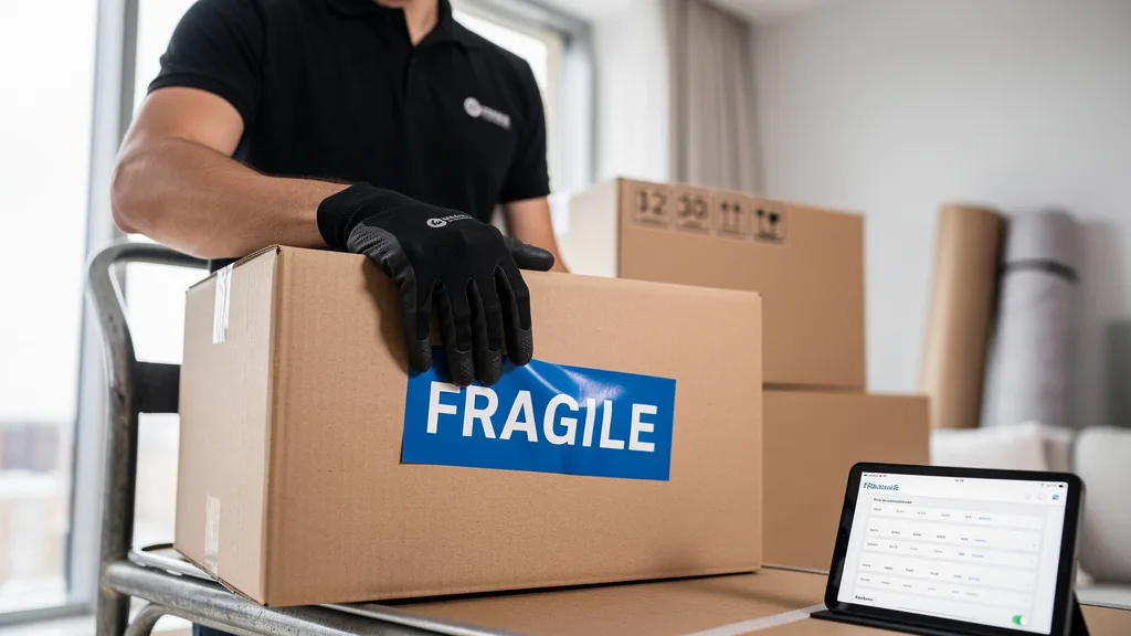 A person applying a blue color-coded sticker to a moving box.