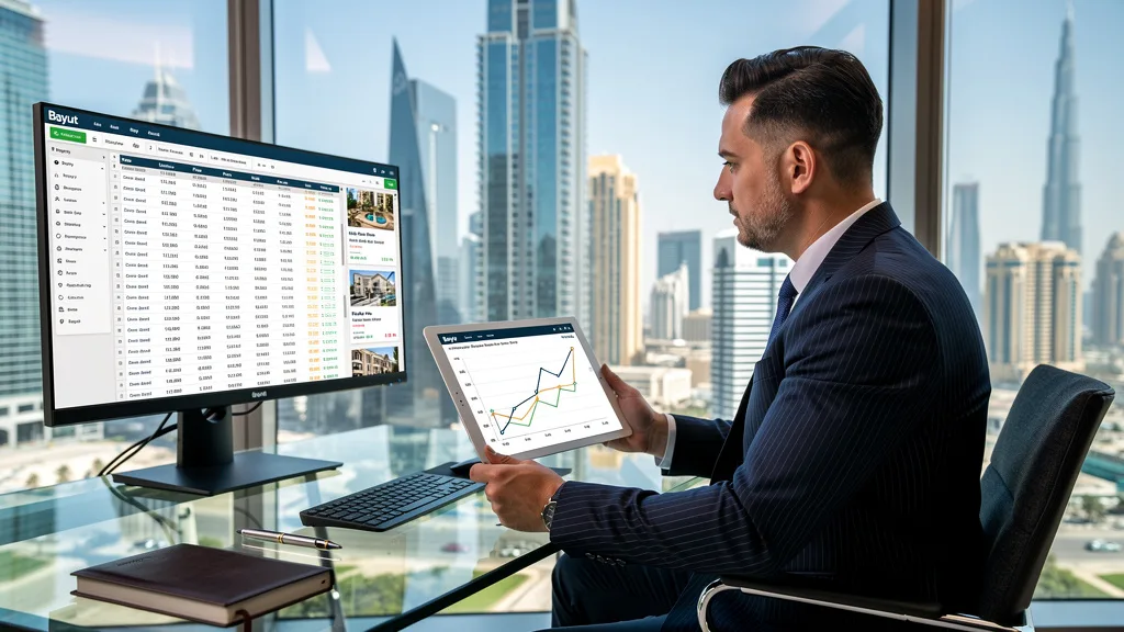 A person using a tablet to view property data and trends on the Bayut website.