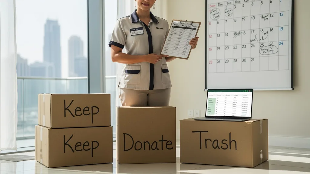 Organizing a spacious closet by sorting clothes into piles before moving apartments in Dubai.