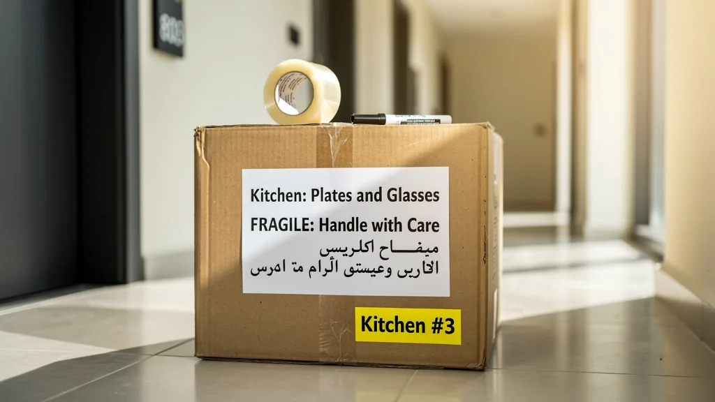 Example of a well-labeled moving box with contents and handling instructions.