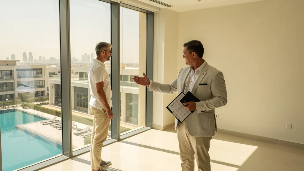 A potential tenant viewing a vacant Dubai apartment during the quiet summer months.