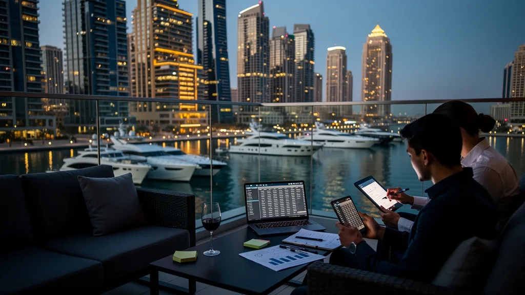 A stunning dusk view of the Dubai Marina from a luxury apartment balcony.