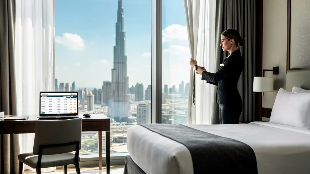A sleek and modern hotel room in Dubai with a stunning view of the city skyline.