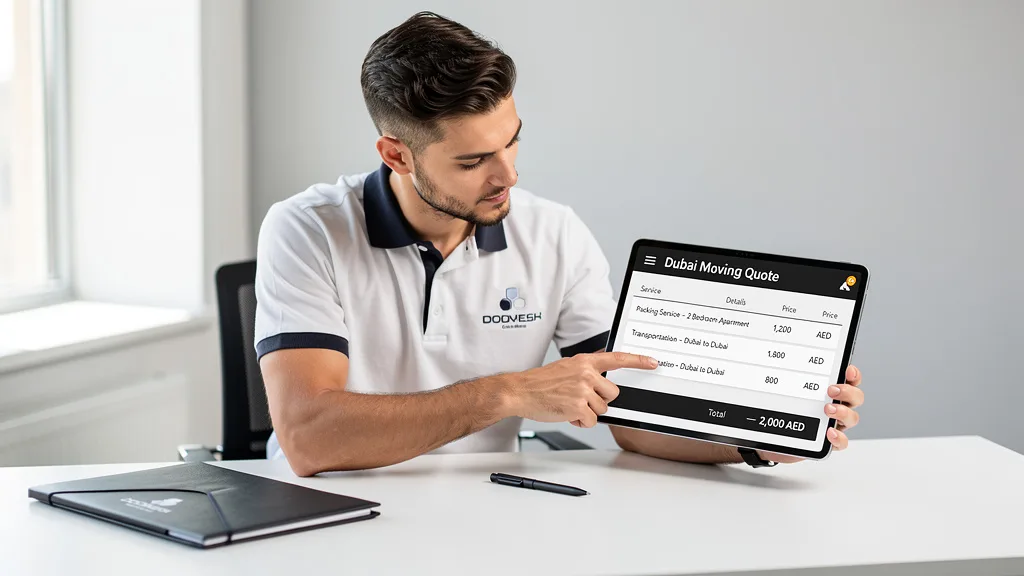 Reviewing an itemized moving company quote on a digital tablet.