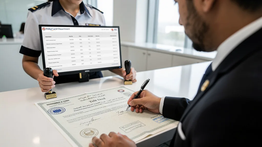 A person signing a formal property title deed document at a DLD office in Dubai.