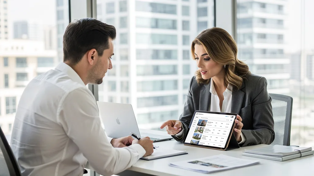 A real estate agent discussing Dubai apartment listings with a client on a tablet.