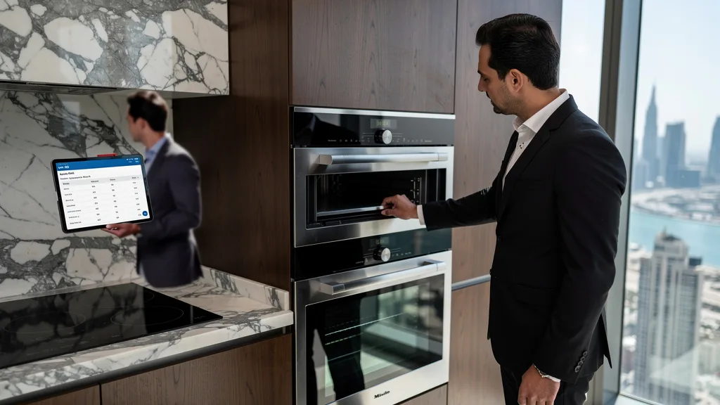 Click to manage / replace image Inspecting the high-end brand name appliances during a luxury penthouse viewing in Dubai.