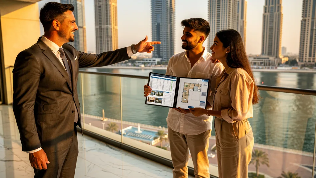 An agent discussing the location benefits of a Dubai Marina apartment with a buyer.