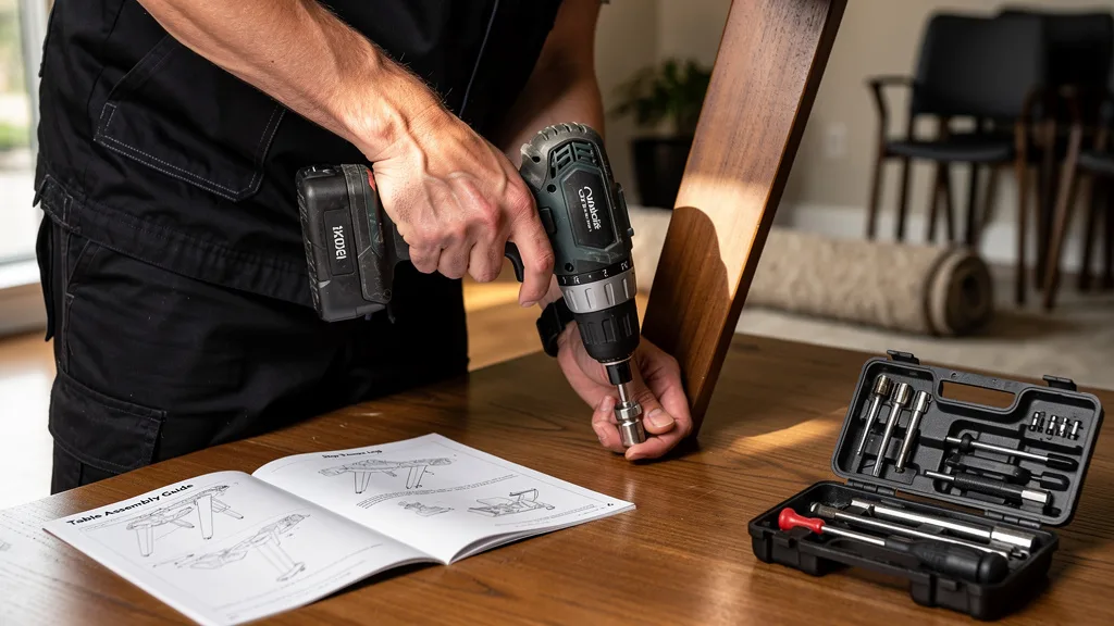 Close-up of a person methodically unscrewing a table leg during the furniture dismantling process.