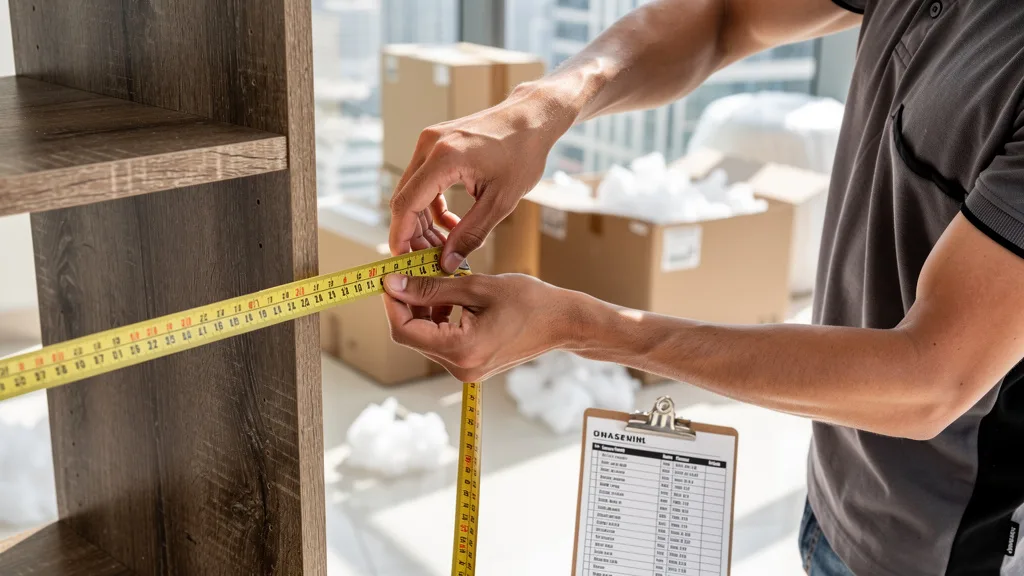 A person measuring furniture to estimate the volume of items for a move.