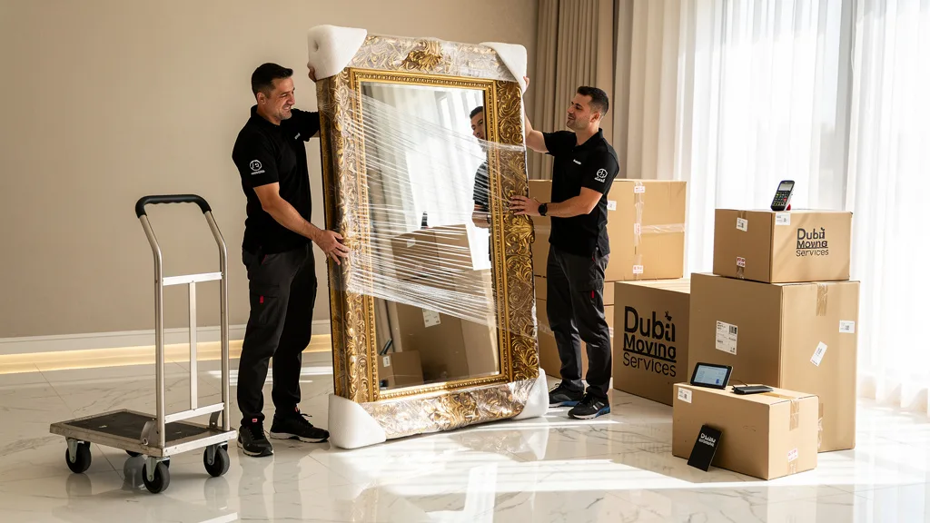 Professional movers handling fragile items with care in a large Dubai home.