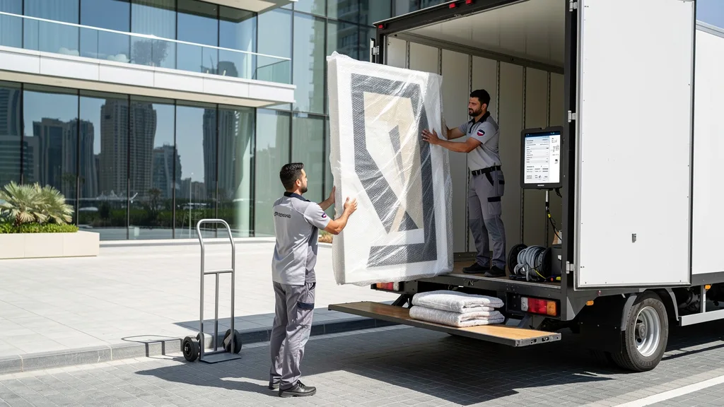 Movers loading a wrapped piece of art onto a truck in Dubai.