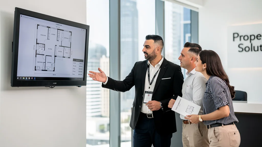 Click to manage / replace image A couple reviewing apartment floor plans with a real estate agent in Dubai.