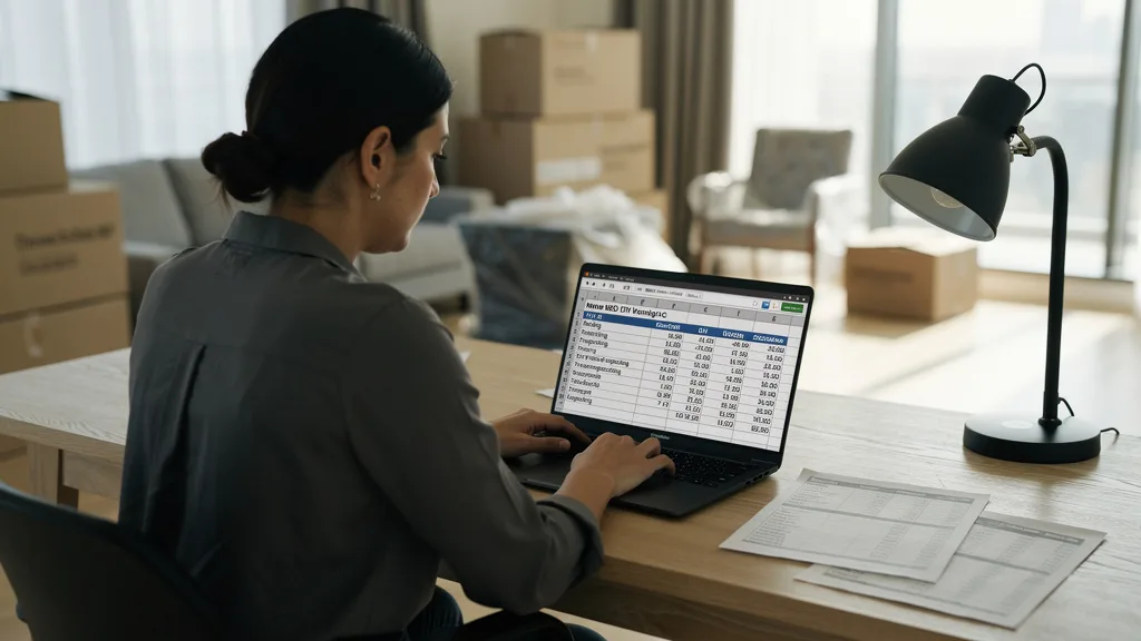 A person weighing the costs of DIY vs professional unpacking on a laptop.