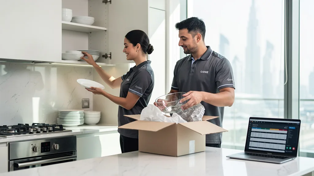 Professional unpackers carefully organizing items in a new apartment kitchen.