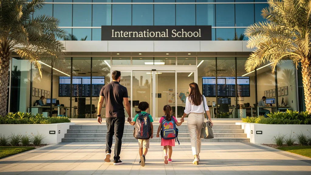 Click to manage / replace image A family entering a modern international school, a key consideration for expats in Dubai.