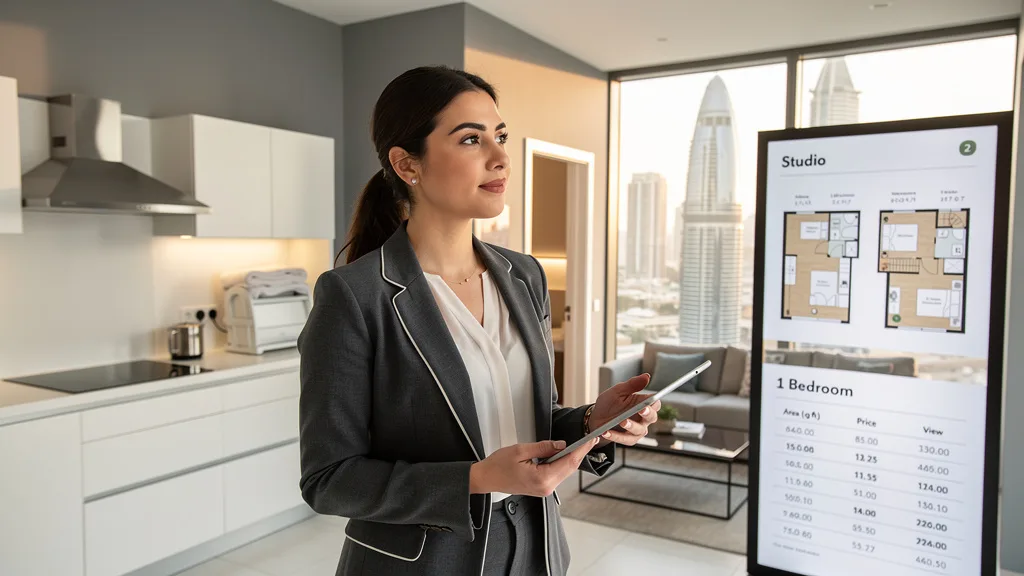 Click to manage / replace image A scale balancing rental yield from a studio against the capital appreciation of a one-bedroom apartment.