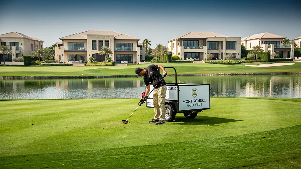 The lush green fairway of the Montgomerie Golf Club in the heart of Emirates Hills.