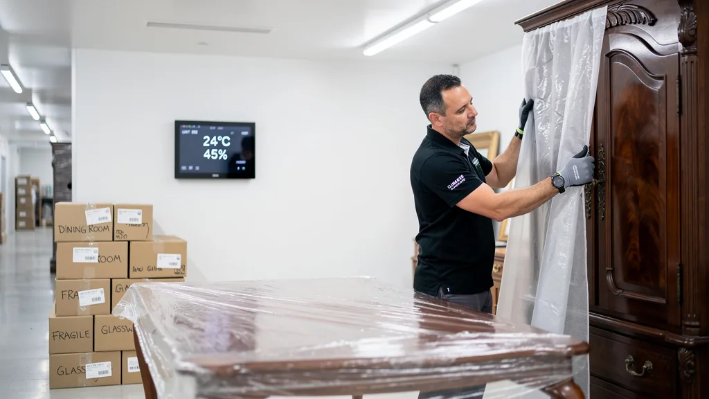 A climate-controlled storage unit protecting sensitive wooden furniture and electronics from humidity.