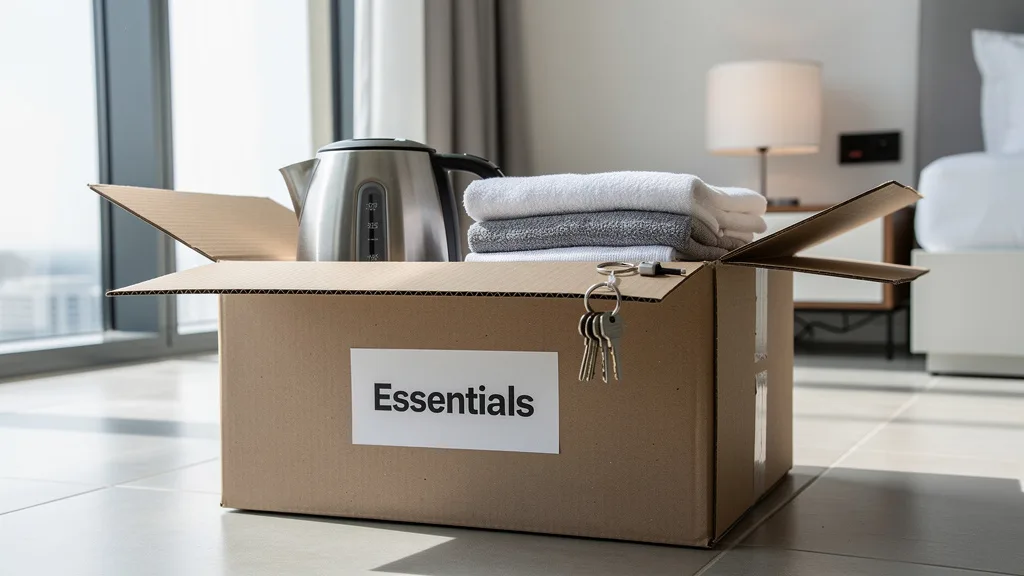 An essentials box packed for the first day in a new apartment.
