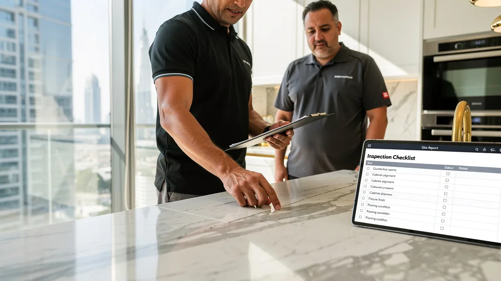 A new homeowner conducting a detailed snagging inspection of kitchen finishes in a Dubai penthouse.