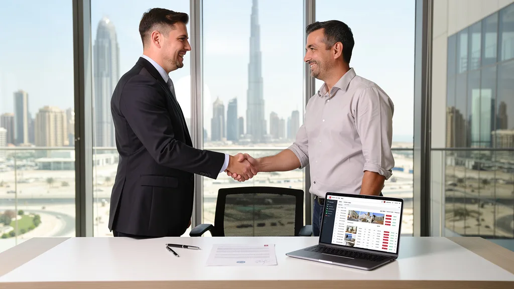 A client and real estate agent shaking hands after agreeing on the commission for a Dubai property sale.