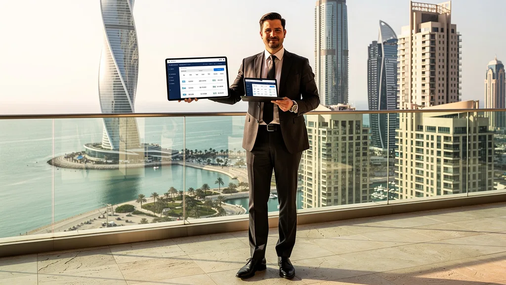 A professional conducting a property valuation on a penthouse balcony in Dubai.