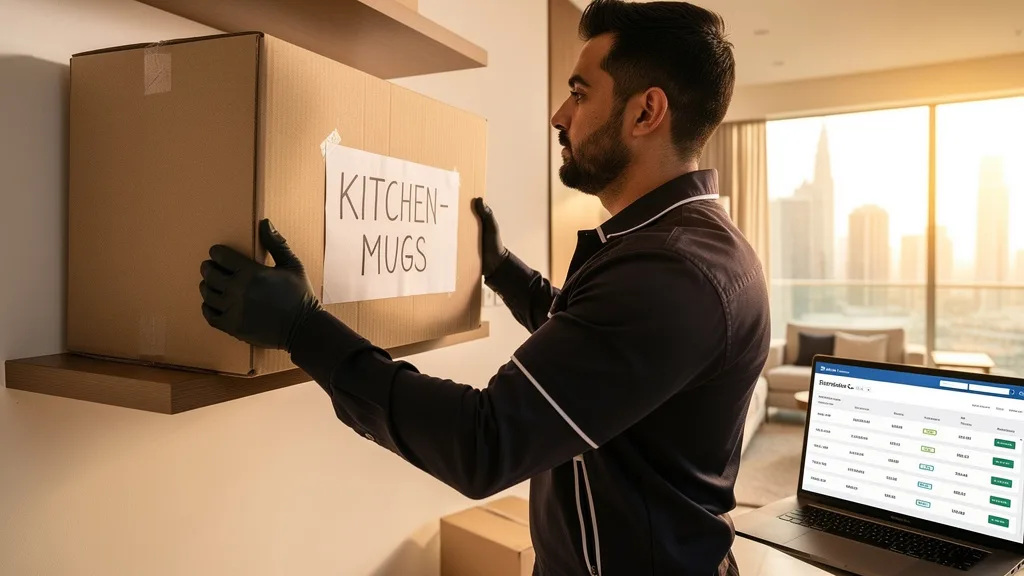 Mover correctly placing a labeled box in a new Dubai home.
