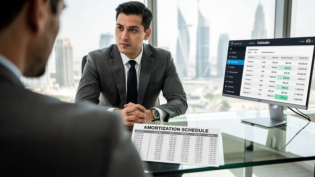 A client discussing mortgage financing costs with a banker in Dubai.