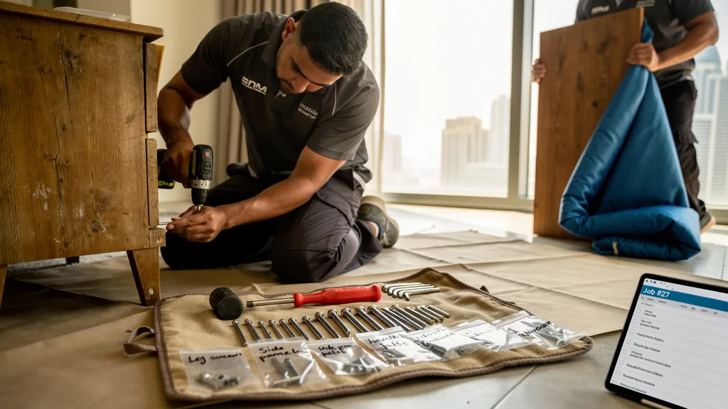 A collection of essential tools for furniture disassembly laid out neatly on a floor.