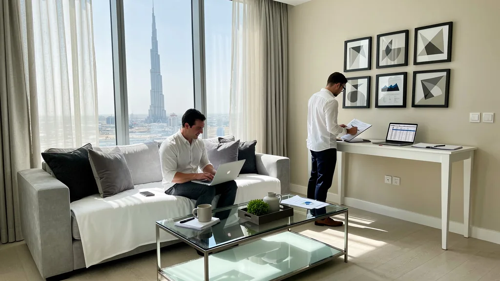 A fully furnished, modern living room in a Dubai short-term rental apartment.