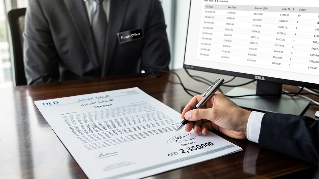 Signing a title deed document at a DLD trustee office in Dubai.