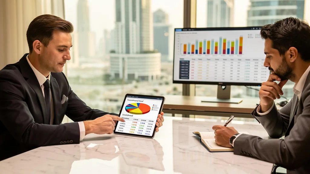 A real estate advisor in Dubai showing a client a budget chart on a tablet.