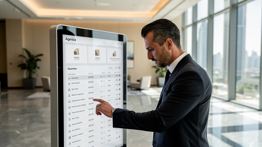 A buyer comparing different real estate agencies in a Dubai office building.