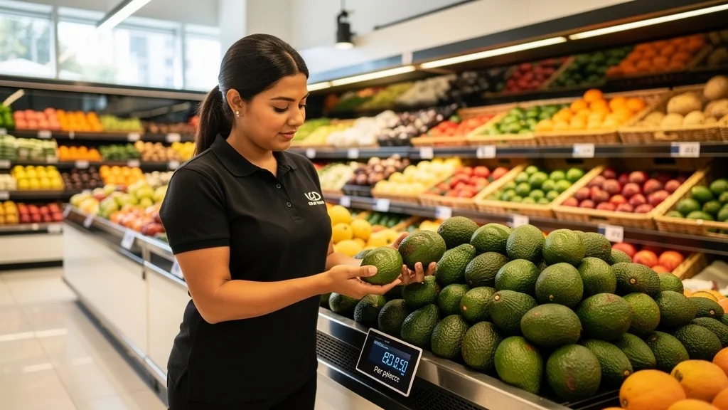 Click to manage / replace image A shopper examining fresh produce in a Dubai supermarket to gauge the cost of living.
