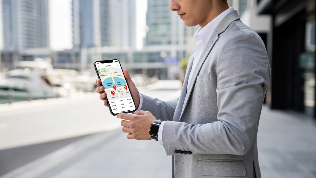 A user interacting with a Dubai property search app on their smartphone.