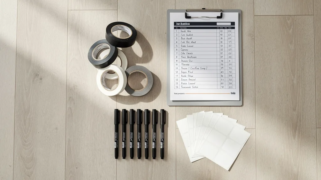 Essential supplies for labeling moving boxes, including markers and colored tape.